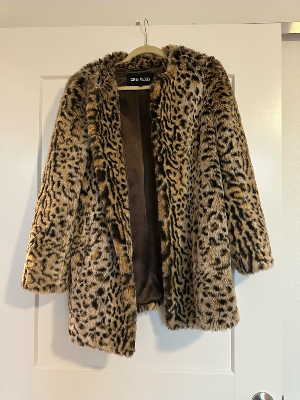 Steve Madden Leopard Print Faux Fur Peacoat - Brown/Black
